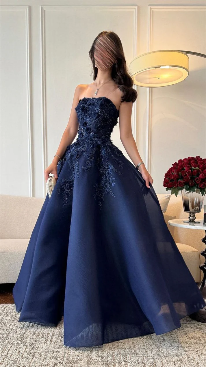 Navy Blue 3D Floral Beaded Ball Gown - Strapless Floor-Length Evening Dress NV6873
