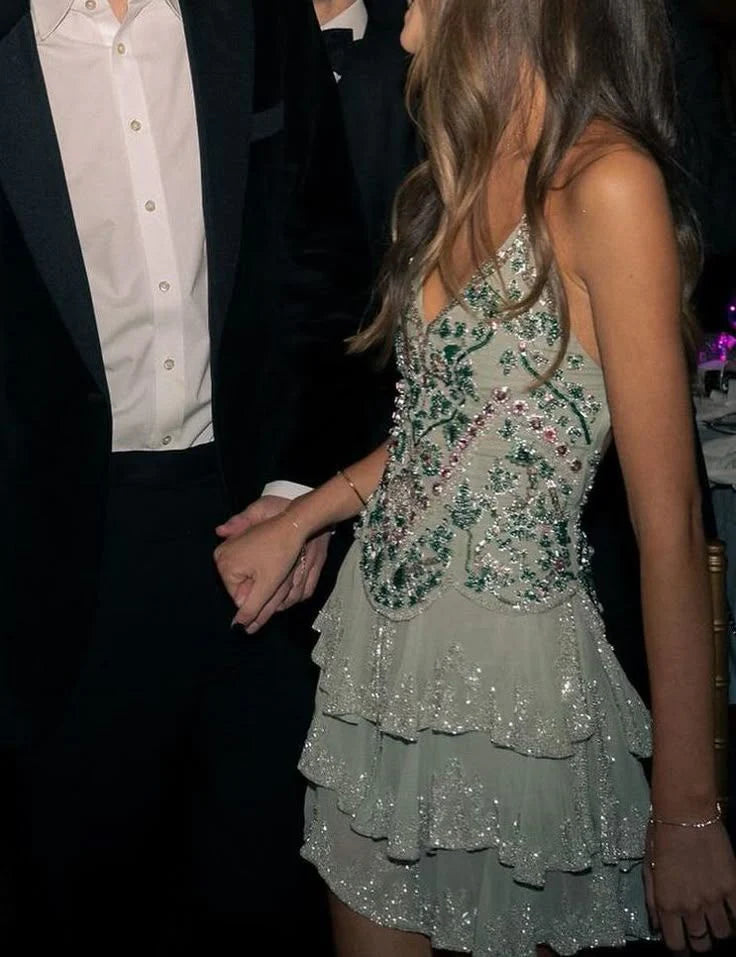 Robe de soirée courte en mousseline de soie à volants, verte et brillante, avec perles, robe de cocktail, robe d'anniversaire, nv4800
