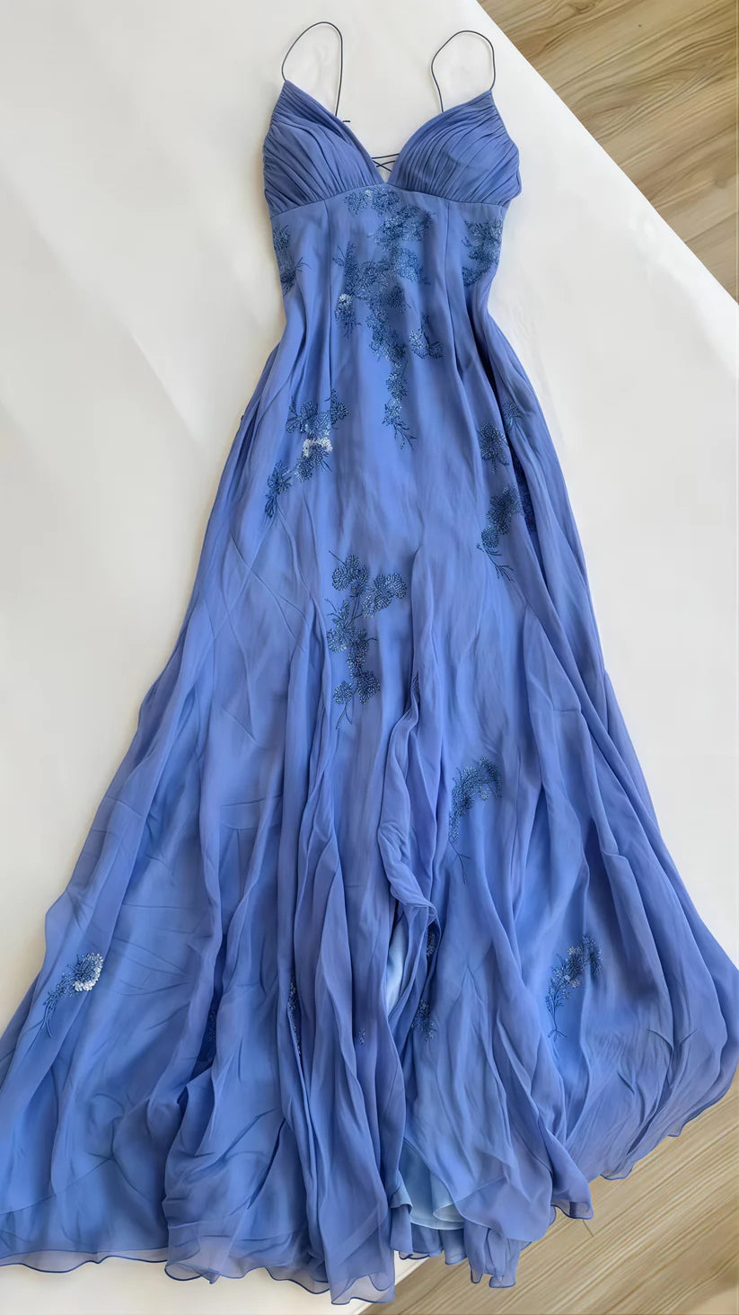 Blau/Lila/Burgund Mode Elegant Spaghetti Strap Applique Fee Lange Chiffon Ballkleid Abendkleid Partykleid nv3775