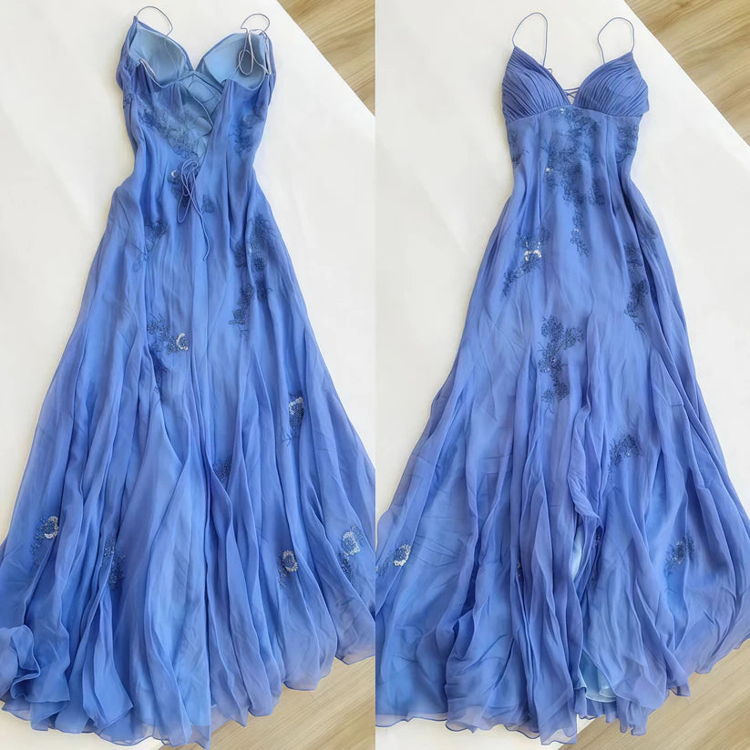 Blau/Lila/Burgund Mode Elegant Spaghetti Strap Applique Fee Lange Chiffon Ballkleid Abendkleid Partykleid nv3775