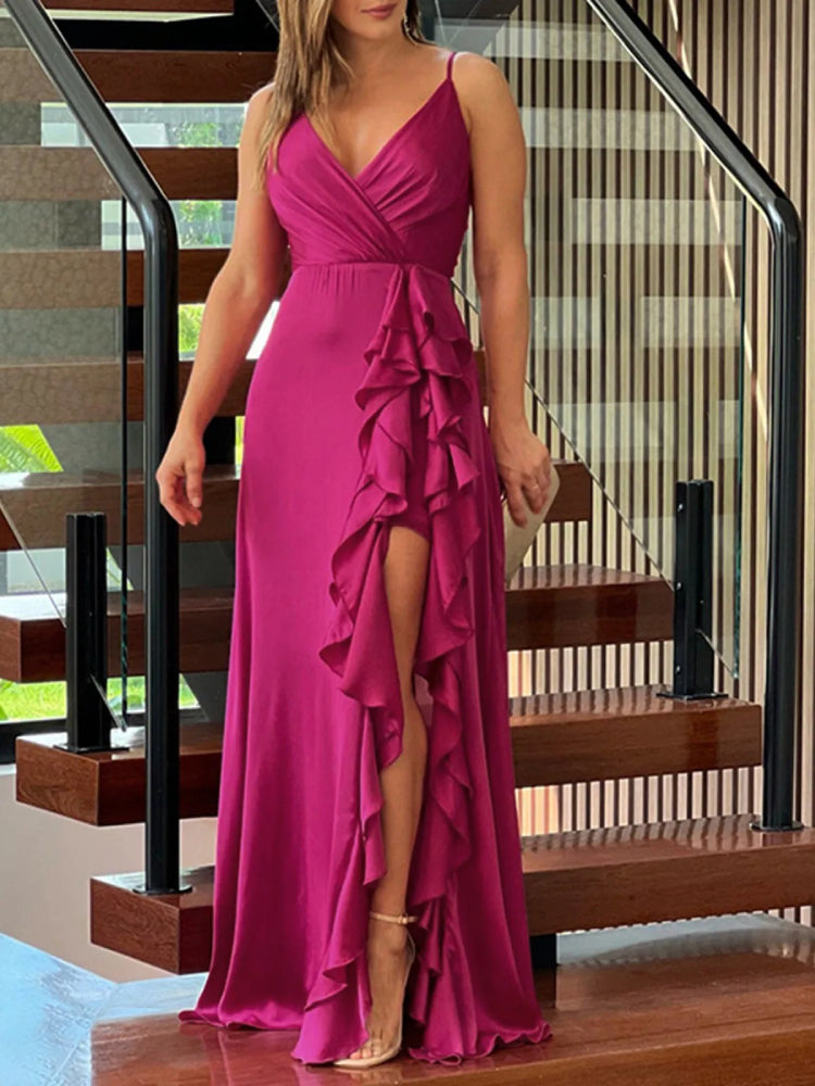 Camisole-Kleid mit unregelmäßigem Rüschenbesatz und Schlitz, Rosarot, NV1339