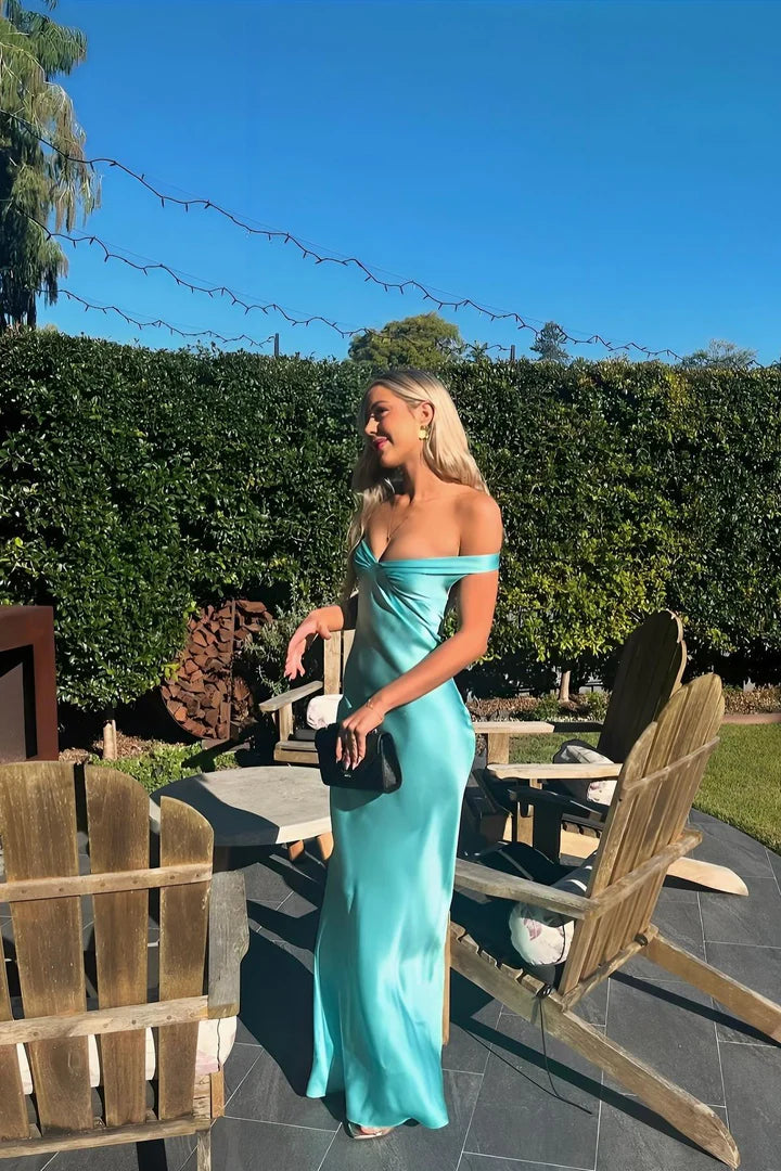 Robe de soirée longue en satin bleu, élégante, épaules dénudées, style sirène, tenue de bal formelle pour femme, nv3931