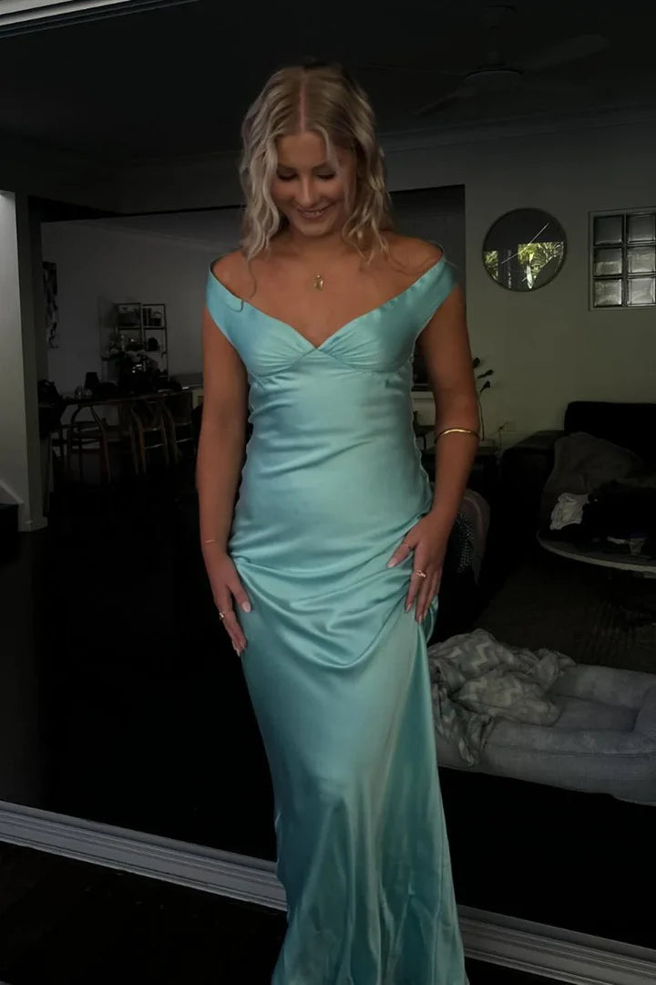 Robe de soirée longue en satin bleu, élégante, épaules dénudées, style sirène, tenue de bal formelle pour femme, nv3931