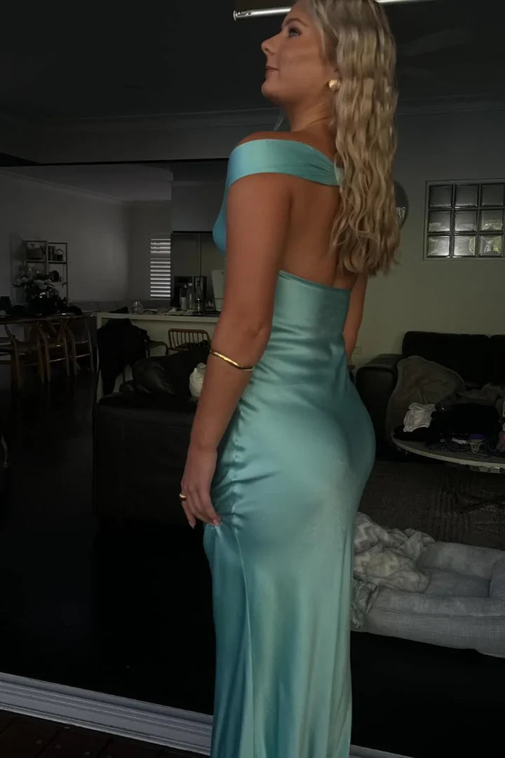 Robe de soirée longue en satin bleu, élégante, épaules dénudées, style sirène, tenue de bal formelle pour femme, nv3931