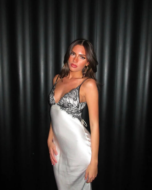 Wunderschönes cremefarbenes, atemberaubendes schwarzes Spitzenkleid mit langem, rückenfreiem Satin-Partykleid und Abendkleid, Begleitkleid nv4106