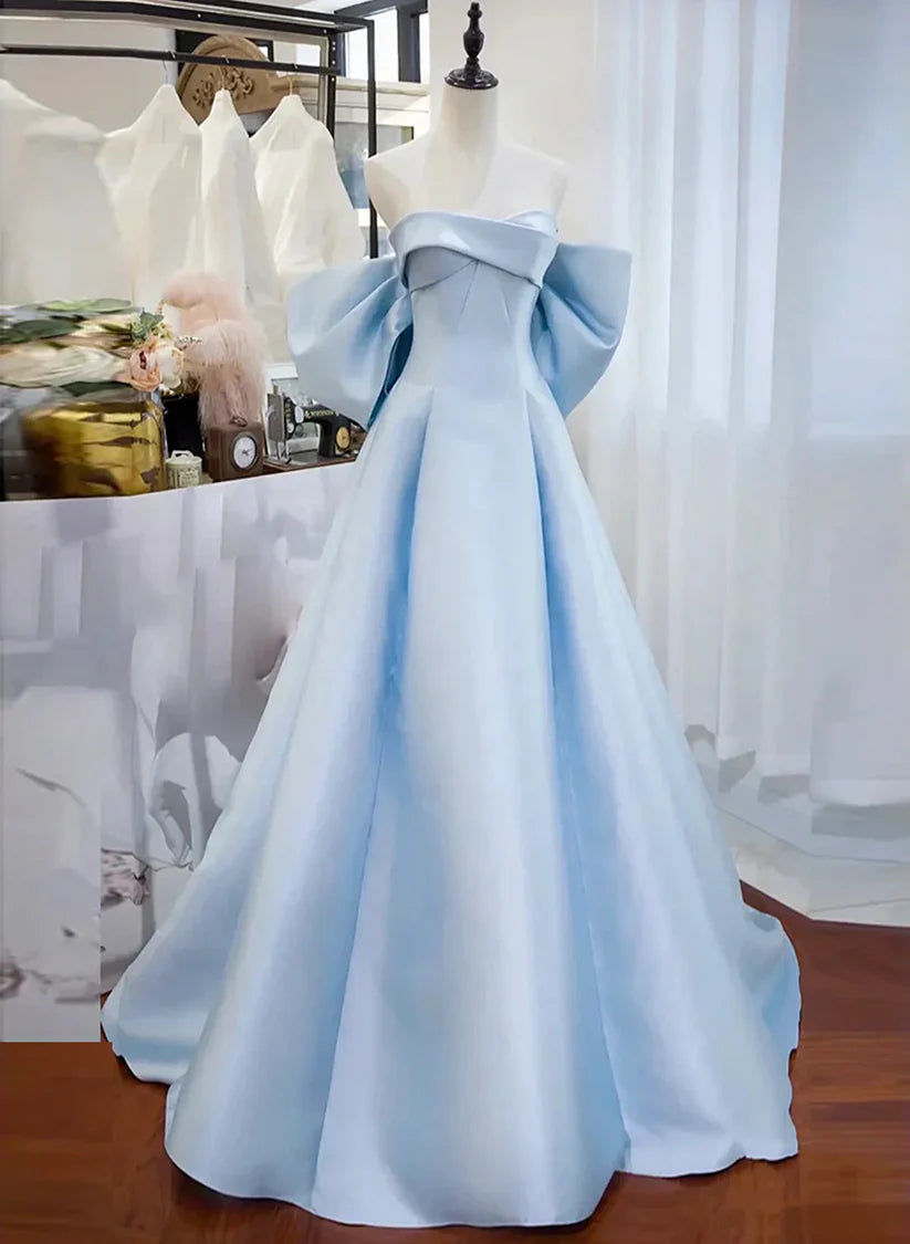 Light Blue Elegant A-line Off-shoulder Long Satin Ball Gown Formal Evening Dress nv3416