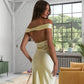 Light Yellow Simple Elegant Off-the-shoulder Long Mermaid Slim Fit Satin Ball Gown Evening Dress Party Dress nv3461