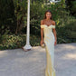 Light Yellow Simple Elegant Off-the-shoulder Long Mermaid Slim Fit Satin Ball Gown Evening Dress Party Dress nv3461