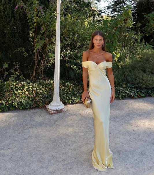 Light Yellow Simple Elegant Off-the-shoulder Long Mermaid Slim Fit Satin Ball Gown Evening Dress Party Dress nv3461