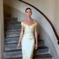 Light Yellow Simple Elegant Off-the-shoulder Long Mermaid Slim Fit Satin Ball Gown Evening Dress Party Dress nv3461