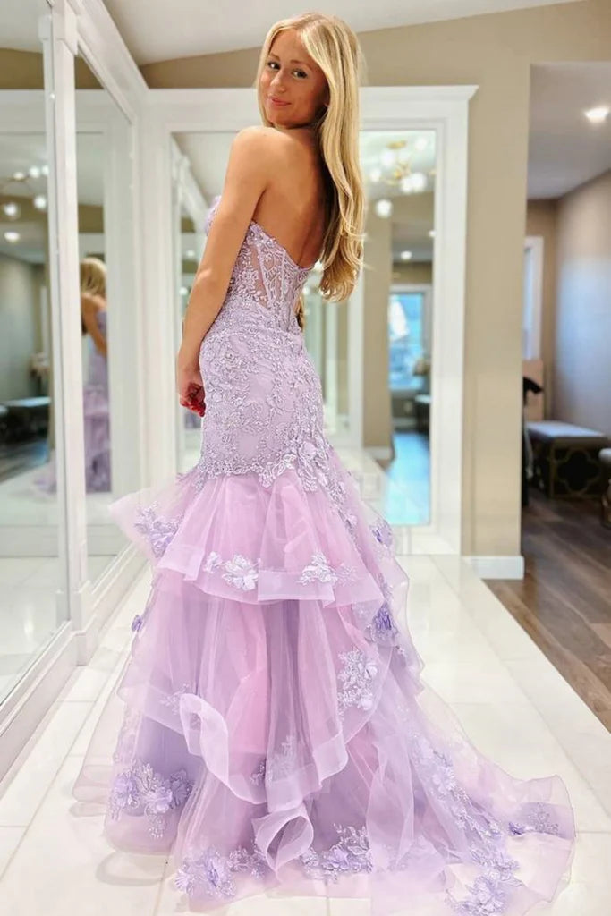 Wunderschönes trägerloses Meerjungfrau-Abendkleid aus lila Spitze, langes Ballkleid aus lila Spitze, formelles Abendkleid aus lila Spitze, lila Ballkleid nv1567