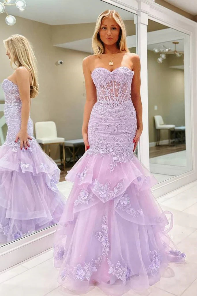 Wunderschönes trägerloses Meerjungfrau-Abendkleid aus lila Spitze, langes Ballkleid aus lila Spitze, formelles Abendkleid aus lila Spitze, lila Ballkleid nv1567