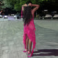 Robe de soirée longue en mousseline de soie, élégante et sexy, sans manches, rose, à la mode, pour les fêtes, les anniversaires, les vacances, nv3952