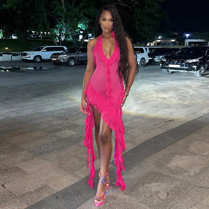 Robe de soirée longue en mousseline de soie, élégante et sexy, sans manches, rose, à la mode, pour les fêtes, les anniversaires, les vacances, nv3952