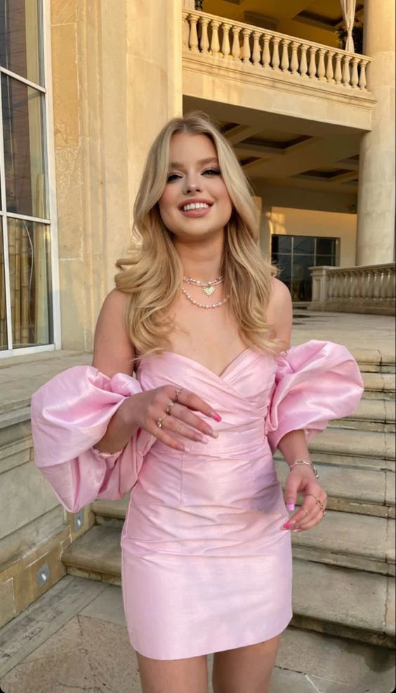Rosa schulterfreies Homecoming-Kleid mit Laternenärmeln, Partykleid, Geburtstagskleid nv2219