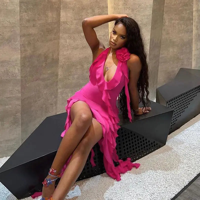 Robe de soirée longue en mousseline de soie, élégante et sexy, sans manches, rose, à la mode, pour les fêtes, les anniversaires, les vacances, nv3952