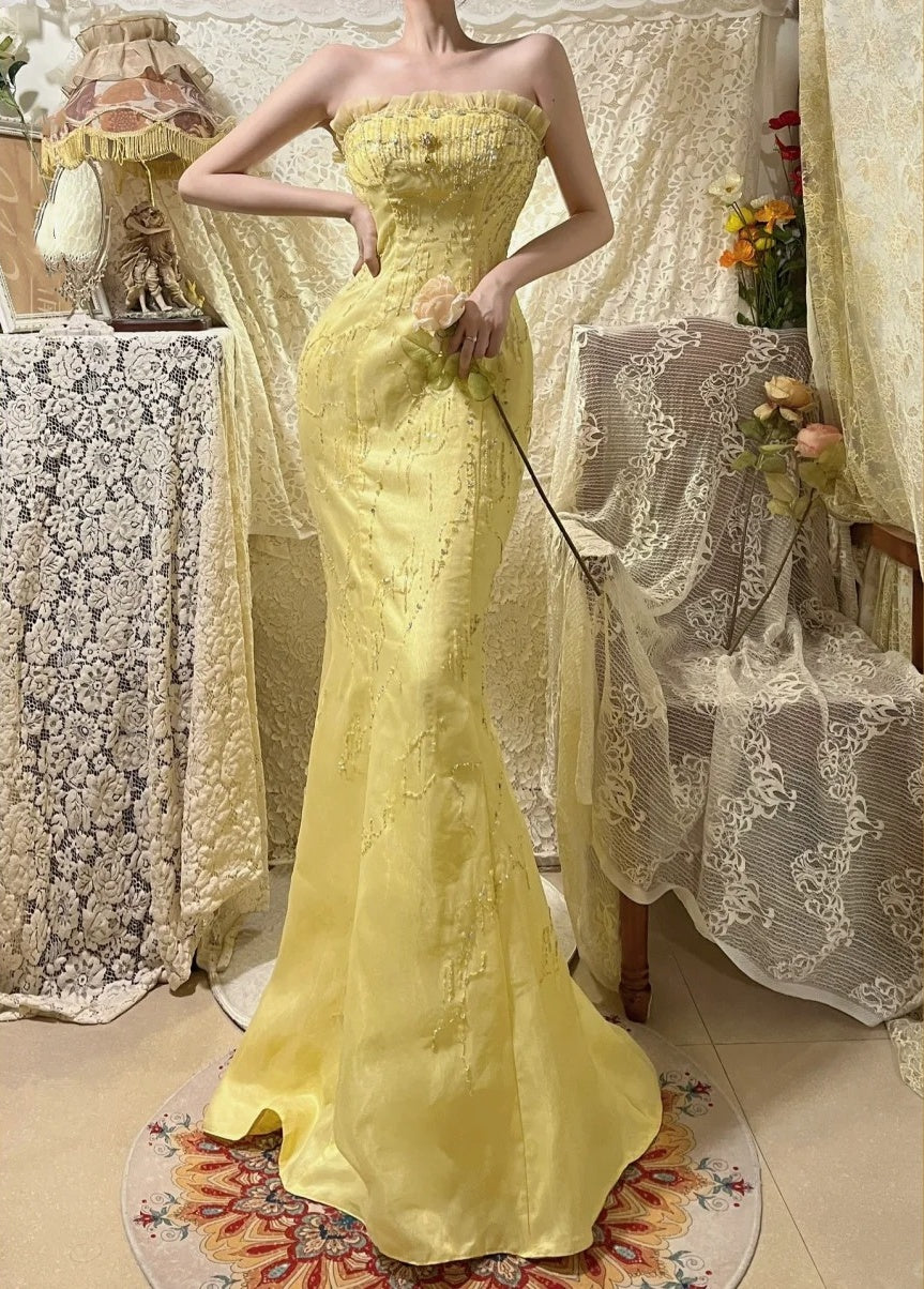 Yellow Beaded Long Satin Mermaid Ball Gown Evening Gown Party Dress nv4319