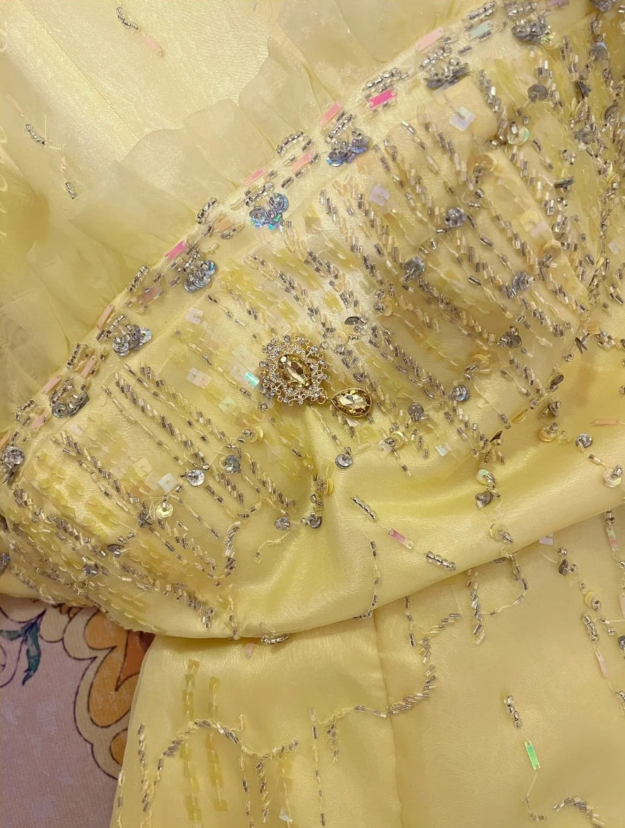 Yellow Beaded Long Satin Mermaid Ball Gown Evening Gown Party Dress nv4319