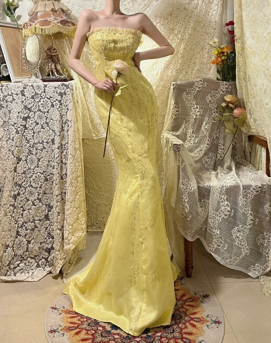Yellow Beaded Long Satin Mermaid Ball Gown Evening Gown Party Dress nv4319
