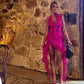 Robe de soirée courte à volants en mousseline de soie rose élégante et tendance nv3877