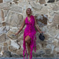 Robe de soirée courte à volants en mousseline de soie rose élégante et tendance nv3877