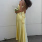 Gelb V-Ausschnitt rückenfrei Mode elegante lange Satin Ballkleid Abendkleid Hochzeitsgast Partykleid nv2013