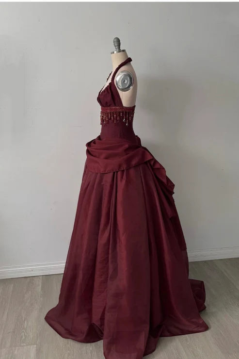 Halter Sleeveless Burgundy Satin Maxi Dress Luxury Elegant Tassel Waist Ball Gown for Gala Ball NV6299