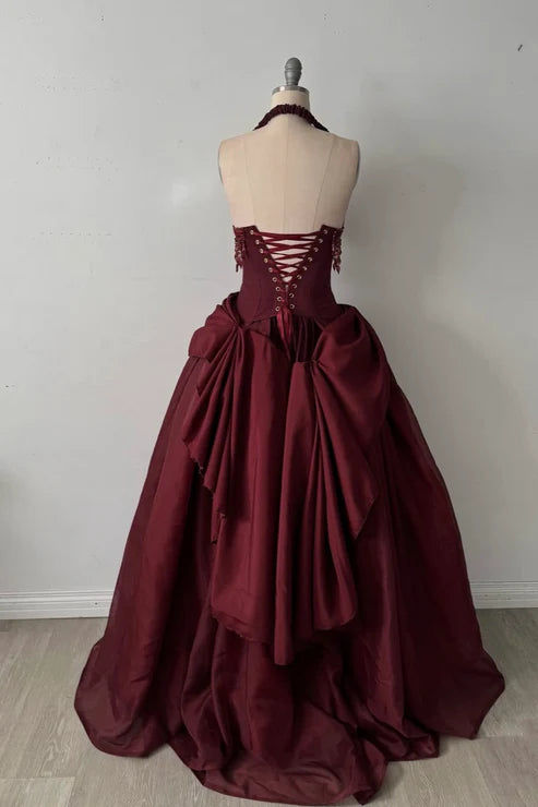 Halter Sleeveless Burgundy Satin Maxi Dress Luxury Elegant Tassel Waist Ball Gown for Gala Ball NV6299