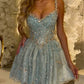 Blaues, exquisites, perlenbesetztes, kurzes Chiffon-Heimkehrkleid, Geburtstagspartykleid, NV5301