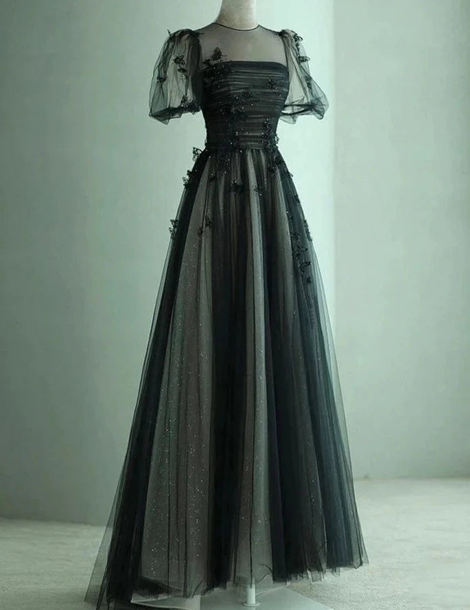Schwarzes A-Linien-Ballkleid aus Tüll mit bauschigen kurzen Ärmeln, schwarzes Abendkleid, Partykleid nv1698