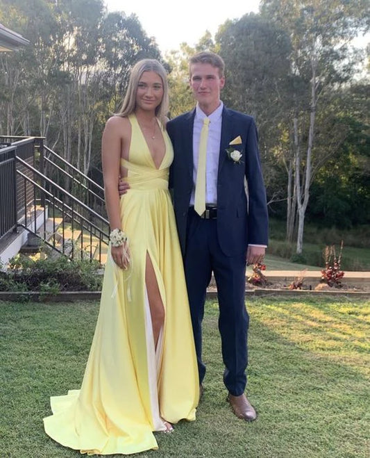 Yellow Deep V Neck A-Line Open Back Hollow Slit Long Prom Dress Formal Party Dress Evening Gown nv2481