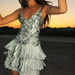 Robe de soirée courte en mousseline de soie à volants, verte et brillante, avec perles, robe de cocktail, robe d'anniversaire, nv4800