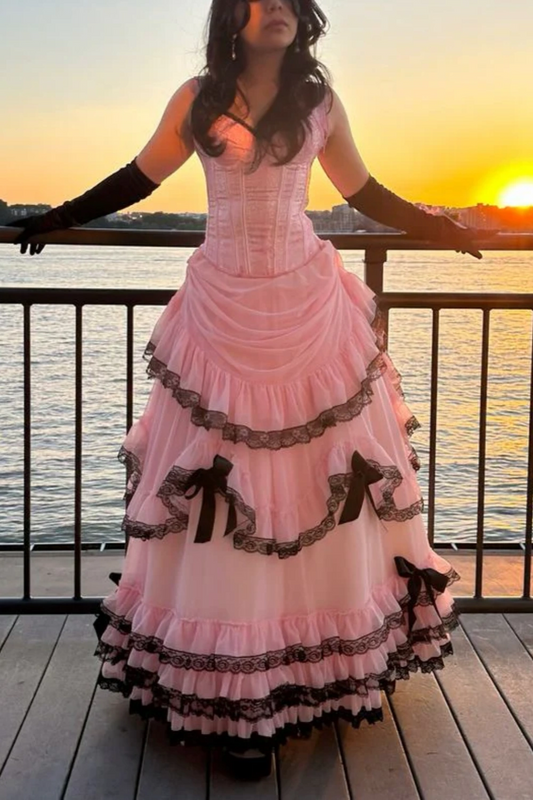 Robe de soirée rose en tulle et dentelle avec traîne | Robe vintage style Lolita sombre pour tea party NV6318