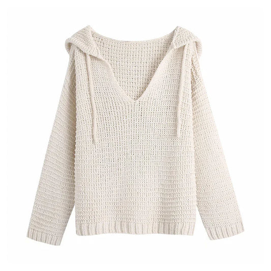 Beige new retro fashion long-sleeved solid color hooded loose knit sweater top 2