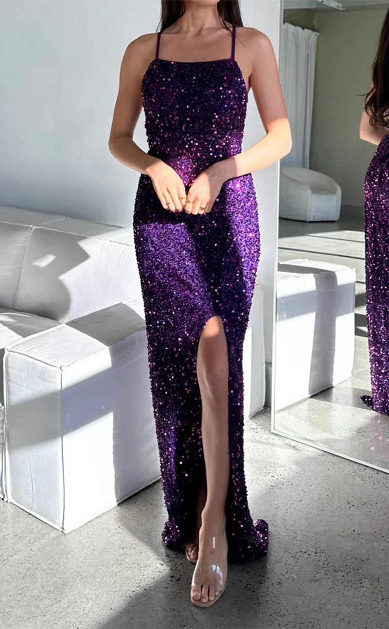 Purple Sequin Bodycon Sexy Square Spaghetti Straps Side Slits Long Party Dress Prom Gown Evening Gown nv2433