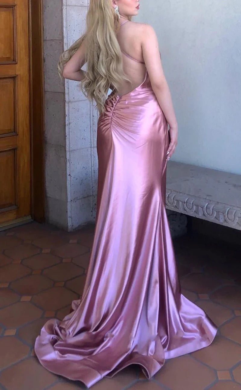 Robe de soirée élégante, col en V, bretelles spaghetti, longue, style sirène, slim, satin, empire, plissée, traînante, rose et violet, nv3933