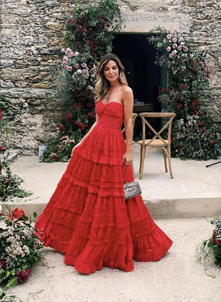 Red Fashion Elegant A-line Long Chiffon Ball Gown Evening Dress Wedding Guest Dress nv3432