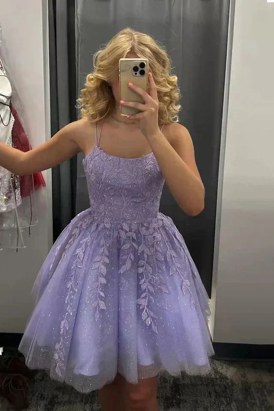 Lila A-Linie Homecoming-Kleid, Cocktailkleid aus Tüll mit Applikationen, nv1599