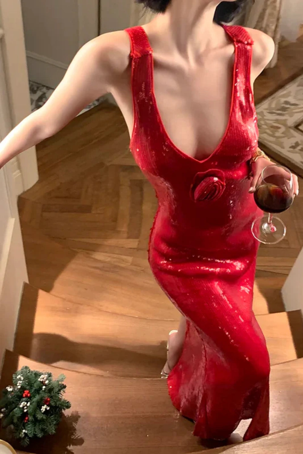 Charmante robe de soirée sirène rouge à paillettes et dos nu, nv5394