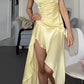 Robe de soirée longue jaune à bretelles spaghetti et ourlet irrégulier nv2310