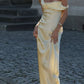 Elegantes, hellgelbes A-Linien-Träger-Satin-Langballkleid, Abendkleid nv5393