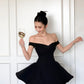 Robe courte noire style Hepburn, épaules dénudées, dos nu, jupe bouffante, robe de soirée diva NV6413