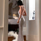 Silbergraues Pailletten-Meerjungfrauenkleid mit Neckholder: Tiefer V-Ausschnitt am Rücken, taillierte Schleppe, festliches Abendkleid NV6410