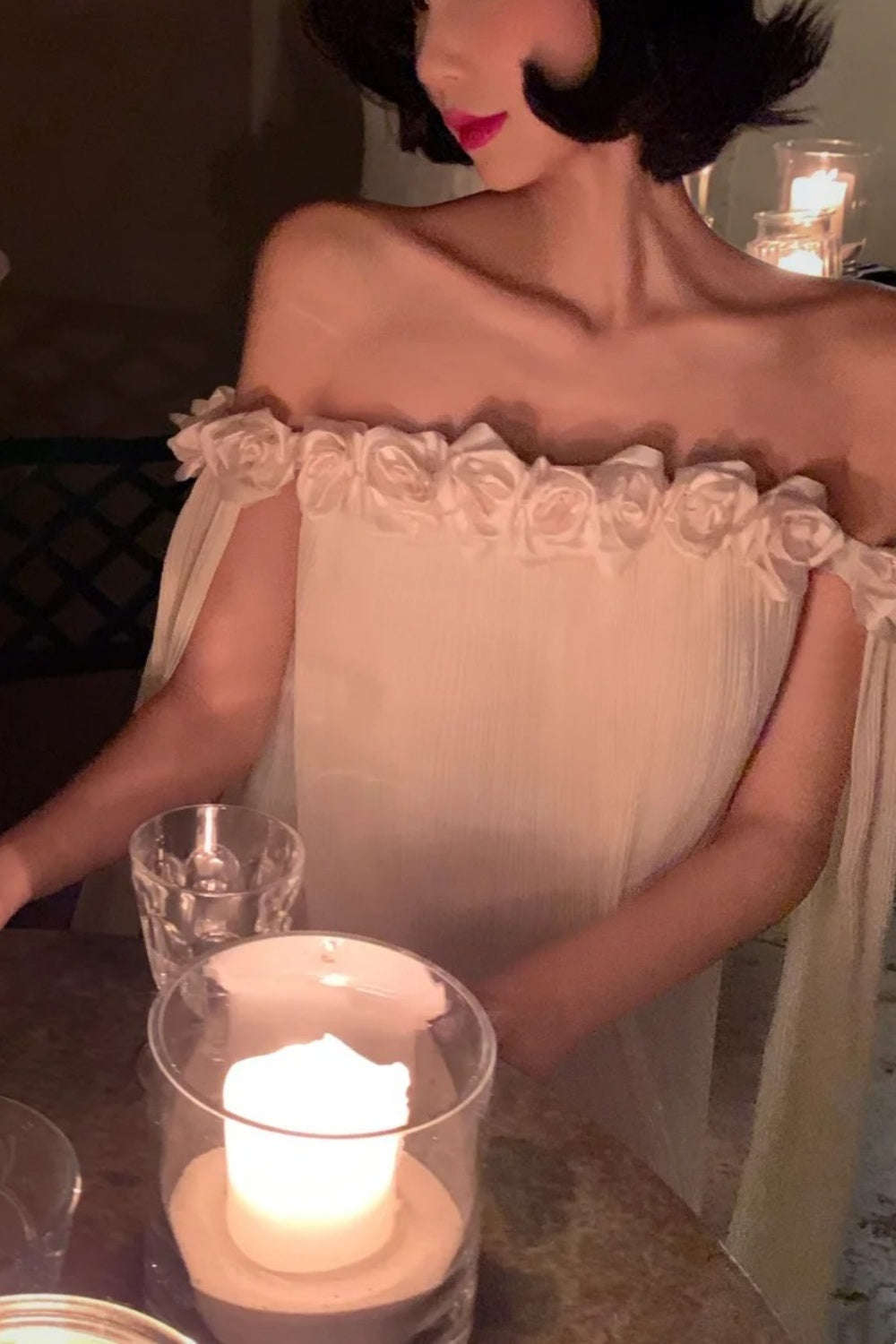 Robe de soirée française à fleurs 3D, épaules dénudées : mousseline plissée, ceinture dos nu, robe style station thermale féerique NV6402