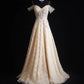 NiceVestidos--Milky Apricot Lace - Embroidered Tulle Spaghetti - Strap Off - Shoulder Floor - Length Evening Dress NV5826
