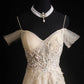 NiceVestidos--Milky Apricot Lace - Embroidered Tulle Spaghetti - Strap Off - Shoulder Floor - Length Evening Dress NV5826