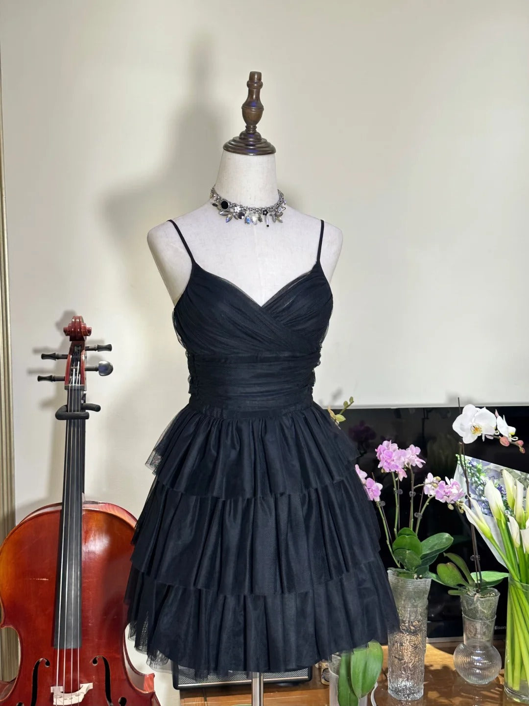✨Belle petite robe noire courte en mousseline de soie, robe de soirée nv5431