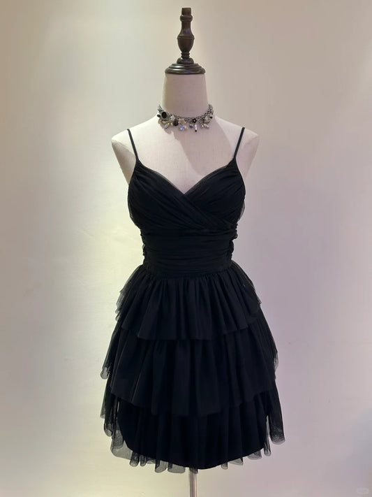 ✨Wunderschönes kleines schwarzes Kleid, kurzes Chiffon-Heimkehrkleid, Partykleid, NV5431