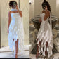 White spaghetti straps long chiffon tassel ruffles fashionable evening dress party dress with same style ribbon nv2897