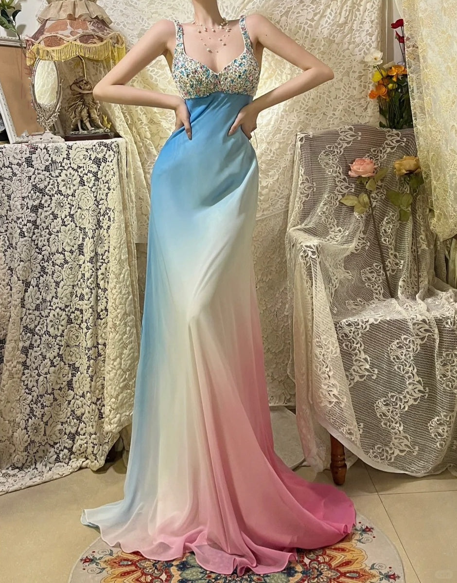 Blue rainbow beaded long chiffon mermaid ball gown evening dress party dress nv4318